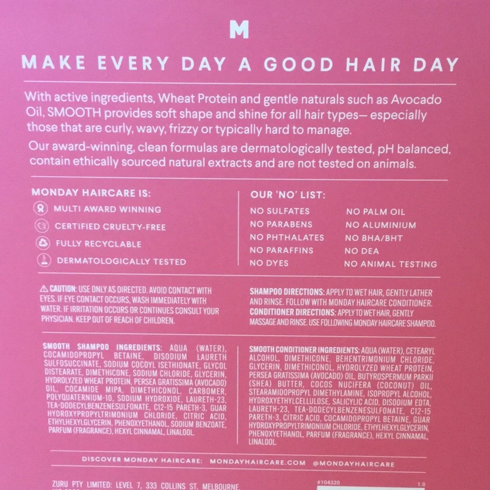 MONDAY Haircare SMOOTH Shampoo and Conditioner Set, 34 fl oz Each